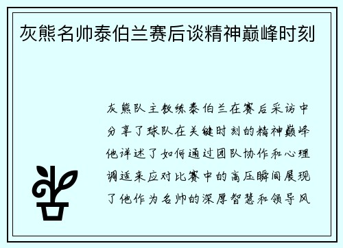 灰熊名帅泰伯兰赛后谈精神巅峰时刻