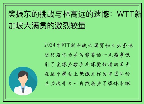 樊振东的挑战与林高远的遗憾：WTT新加坡大满贯的激烈较量