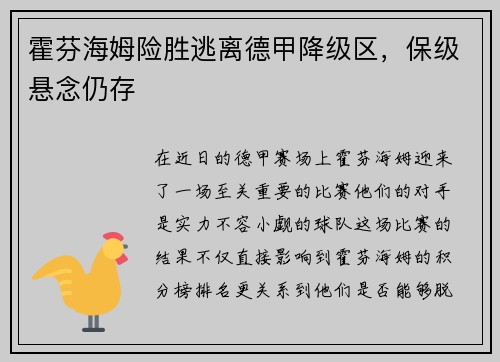 霍芬海姆险胜逃离德甲降级区，保级悬念仍存